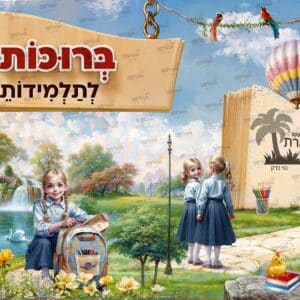 פוסטר ‘ברוכות הבאות’ עם ילדות בתלבושת