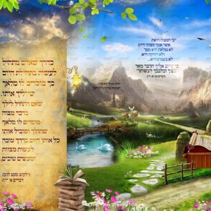 פוסטר ‘הדריכני בנתיב מצוותיך’עם שביל וכיתוב אחר ובימה לספר תורה